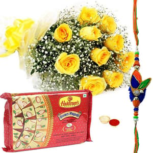 Rakhi with Yellow Roses n Soan Papdi
